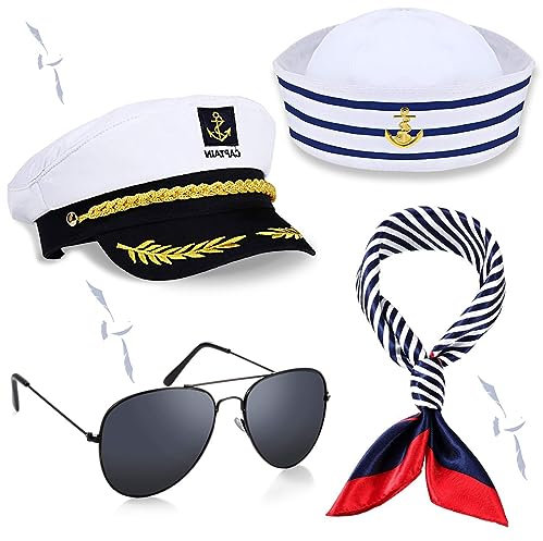 NETUME Lot de 4 Chapeau de Capitaine, Lunettes de Soleil et Écharpe - Accessoires de Costume Marin pour Fête Costumée Halloween