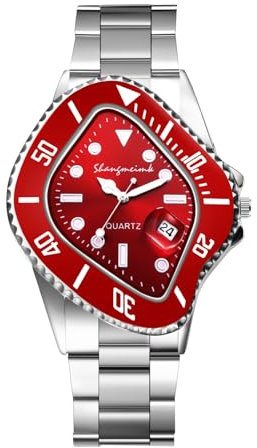 JewelryWe Uhren Herren Edelstahl Herrenuhr: Einzigartig Datum Kalender Analog Quarz Armbanduhr Silber Edelstahl Armband Männer Uhr mit Rot unregelmäßig geformtem Zifferblatt und Leuchtzeiger
