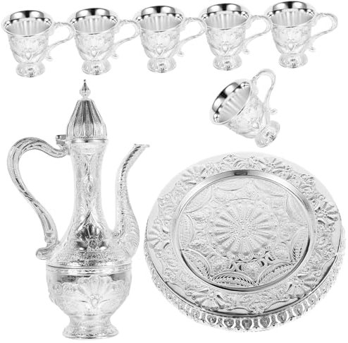 LIFKOME Set Teiera Turca in Lega Di Zinco 6 Tazze Da Vino in Metallo, Vassoio Decorativo e Bollitore Pratico, Adatto Per Casa, Ufficio e Regali Festa, Resistente e Tradizionale