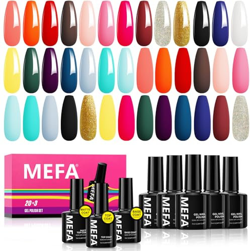 MEFA UV Nagellack Set, 20+3-Gel Nagellack Rot Pink Glitzer Blau-Glossy&Matte Top Base Coat-Soak Off Gellack Uv Lack für Nail Art Maniküre Salon
