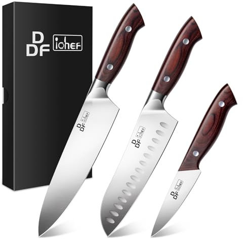 DDF iohEF Set de Couteaux de Cuisine, 3 Pièces Ensemble de Couteaux de Cuisine Tranchants, Couteau Santoku, Couteau de Chef professionnels, Couteau d'office en Acier Inoxydable