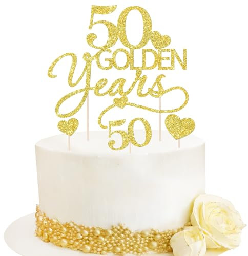 7pcs Décoration de Gâteau 50 Anniversaire Mariage Gâteau Topper 50 Golden Years Cœur Cake Cupcake Toppers en Papier Or à Paillettes Personnalisée Décoration pour Fête Mariage 50e Célébration