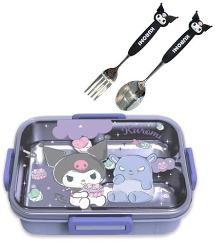 Roffatide Cartoon Carino Kuromi Stampato All-in-One Bento Scatole con Cucchiaio Forchetta Kawaii 4-Point Lock Tipo Lunch Box Contenitori per Food Frutta Snack