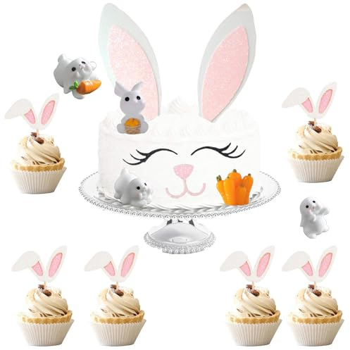 Conjunto de Adornos para Pastel de Pascua - Conejos de Pascua Decoración, Kit Completo con 6 Orejas de Conejo Rosado y 5 Figuras, Perfecto para Festejos Temáticos