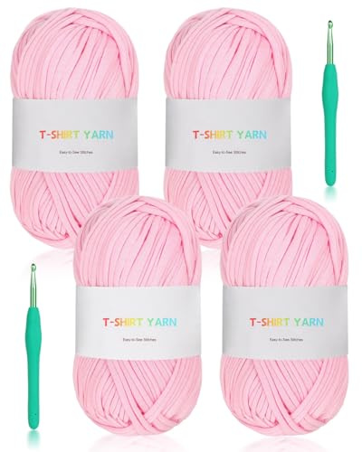 Reessy 4×100g T-Shirt Yarn, Tshirt Yarn for Crocheting - Pink | Elastic Ribbon Crochet Yarn Set with 2 Crochet Hooks, Soft and Thick T Shirt Yarn for Crochet Bag, Basket, Home Decor