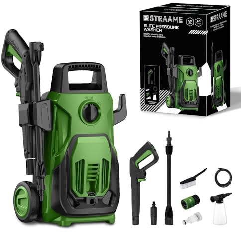 Straame Green 1600W Elite Pressure Washer, 120 Bar Max (80 Bar Rated), 7 L/min, 5 m Hose & Cable, Adjustable Spray Gun, Twist Nozzle, 250 ml Detergent Bottle & Car Brush for Patio, Car & Garden