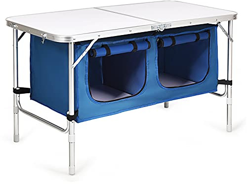 GYMAX Mesa de Camping con Almacenamiento, Armario Plegable con Estructura de Aluminio, Puertas Enrollables con Cierres, 2 Alturas Ajustables para Picnic, Barbacoa, Exterior