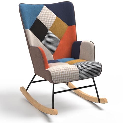 IDMarket - Sillón escandinavo Ivar de tela mecedora Patchwork multicolor