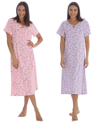 INSIGNIA Womens Pack of 2 Short Sleeve Long Pure Cotton Jersey Nightshirts Nighties (Lilac & Pink, 22-24)