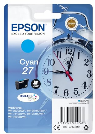 Epson Original 27 Tinte Wecker (WF-3620DWF, WF-3640DTWF, WF-7110DTW, WF-7210DTW, WF-7610DWF, WF-7620DTWF, WF-7710DWF, WF-7715DWF, WF-7720DTWF), cyan