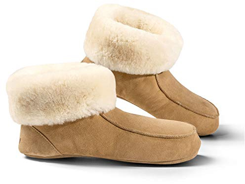 Fellhof handgemachter Hüttenpatschen aus Lammfell Hausschuh Damen Herren Unisex gefüttert Winter-Sommer Hausschuhe Naturprodukt atmungsaktiv (Hellbraun Gr. 37)