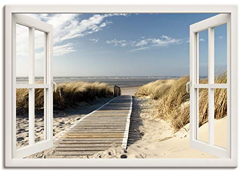 ARTLAND Wanddeko Leinwand Bilder Wandbild 100x70 cm Fensterblick Fenster Strand Meer Maritim Düne Leuchtturm Nordsee Langeoog T5RQ