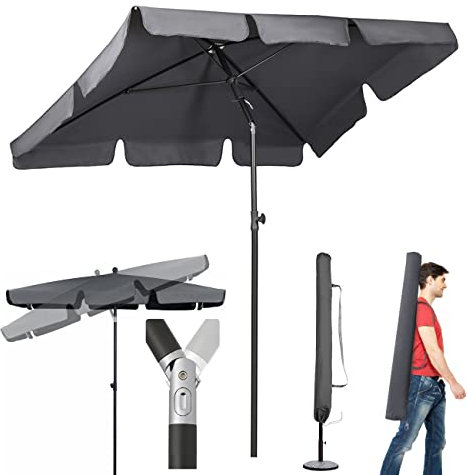 Sekey® 200x125 cm Balkon Sonnenschirm Rechteckig mit Schutzhülle, Gartenschirm Terrassenschirm Sonnenschutz UV 50+ Grau