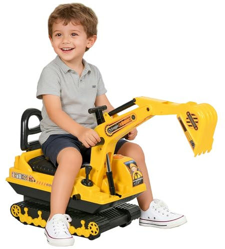HOMCOM Escavatore Ruspa Giocattolo Cavalcabile per Bambini max. 30 kg con Schienale, Braccio Mobile e Vano Contenitore, 78x24x58.5cm