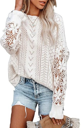 Maavoki Pullover Damen Spitze Strickpullover, Lässige Rundhals Lace Langarm Häkelpullover, Elegantes Einfarbig Stricktop Patchwork Oberteile Stricken Langarmshirt Weiß M
