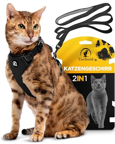 Tierhood Katzengeschirr mit Leine [Neue, LEICHTE Version] - Katzenleine mit Geschirr für Katzen und Kitten - Katzen Geschirr Set mit Leine - Kontrollierte Freiheit - Schwarz, Größe M