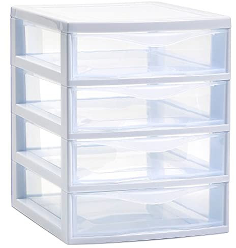 AC - Cajonera de Almacenamiento Guadiana con 4 cajones, Torre de Almacenamiento Multiusos para Oficina, hogar, Escuela, etc. 22,5 x 18 x 21,5 cm. Color Blanco. Modelo Aleatorio