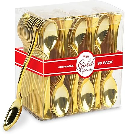 Gold Plastic Mini Spoons Disposable, 4 inch (80 Pack) Tasting Spoon, Dessert Mini spoon for Ice Cream Taster, Small Sample Desserts, Gelato Sampling, Fancy Miniature Pudding, Little Appetizers, Bulk