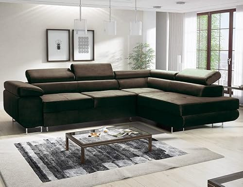 Moderno Meble Avesta Corner Sofa, Right with Sleep Function, Bedding Container, L-Shape, Brown, Velvet, 73 x 277 x 203 cm
