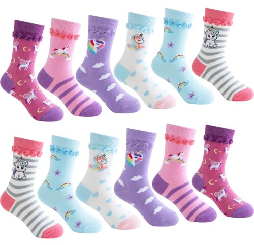 Cirorld Chaussette Enfant Fille en Coton, Chaussettes Fantaisie Originales, Chaussettes Fille à Licorne, Sirène, Animaux, Pois, Rayures, Lot de 6