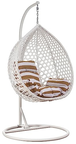 RAMROXX Luxus Hängesessel Style XXL Rattan Korb und Gestell Weiss mit Relaxkissen Braun