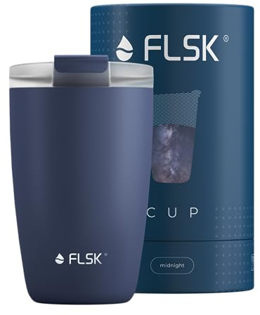 FLSK CUP Edelstahl Mehrwegbecher für unterwegs (350 ml, 500 ml) - 3 h heiß, auslaufsicher, inkl. plastikfreier Tubebox und Mikrofaser-Buddy, ideal für Reisen, Büro oder Auffüllen im Café