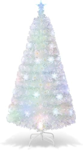 GYMAX Árbol de Navidad Artificial 120/150/180 cm, con Fibra de Vidrio y 18/24/30 Luces LED de Colores, Árbol Decorativo con Estrella en la Copa y Soporte de Metal, para Casa y Oficina, Blanco (150 cm)