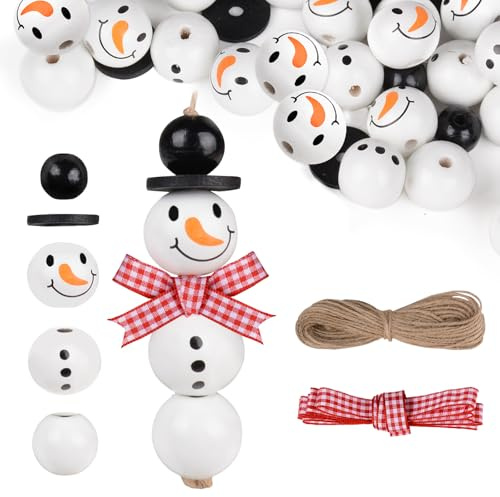 GEBETTER 8 Set (40 Stück) Schneemann Holzperlen mit Schnur Schal Weihnachten Weihnachtsdeko Holz Weihnachtsperlen Deko Perlen Girlande DIY zum Basteln Party Dekor