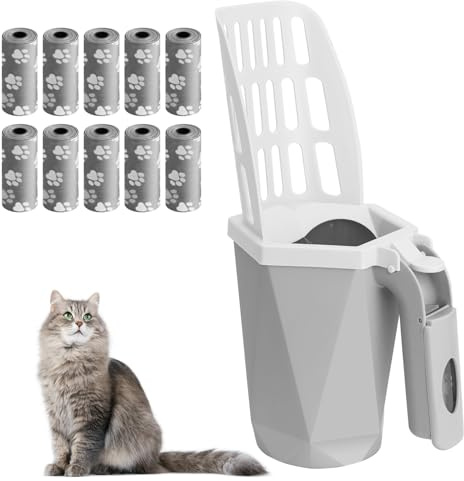 Austepax Cat Litter Scooper with Holder Kitty Litter Scoop with Waste Can and 150 Refill Bags, Large Portable Cat Litter Shovel Easy to Clean Suitable for Kittens (Grey)
