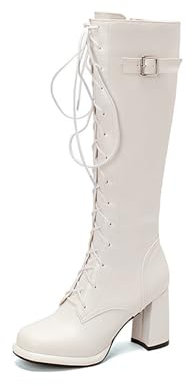 Stivali Da Donna Alti Al Ginocchio Con Fibbia Boots Classici Con Lacci Stivali Con Plateau E Gambale Lungo Con Cerniera Boots Alti In Pelle PU Con Tacco Largo Stivali Da Neve Caldi ( Color : White , S