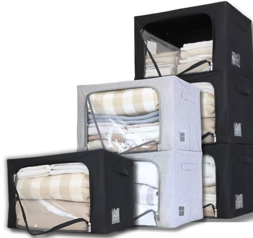 MUAY Cajas almacenaje ropa + Organizador Armario + Marco metal + Etiqueta Clasificación + Cajas Rígidas Tela Guardar Ropa | Almacenaje práctico y Elegante | Organiza Siendo Eficaz. (Gris, 1 X 100L)