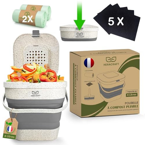 Poubelle Compost Appartement composteur de Cuisine Pliable avec Couvercle, Poubelle de Cuisine Alimentaire Anti Odeur - avec kit 12 Mois 5 Filtres à Charbon + 2 Rouleaux Sacs Poubelles