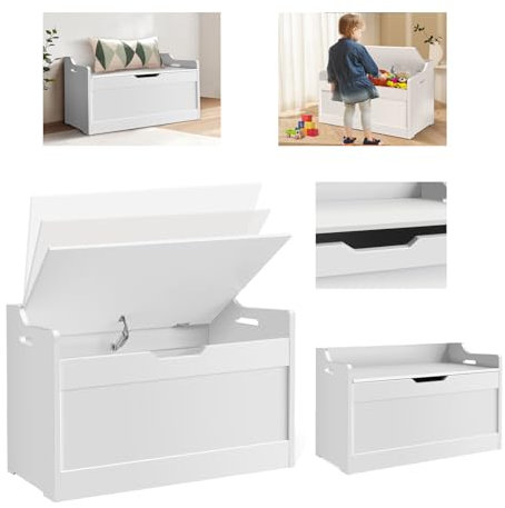 HSHa Toy Chest, Large Kid's Wooden Toy Box, Storage Bench with 2 Safety Hinges, Children Storage Chest Organiser, Storage Chest Trunk Box for Hallway, Bedroom, 40D x 62.2W x 46H cm, White