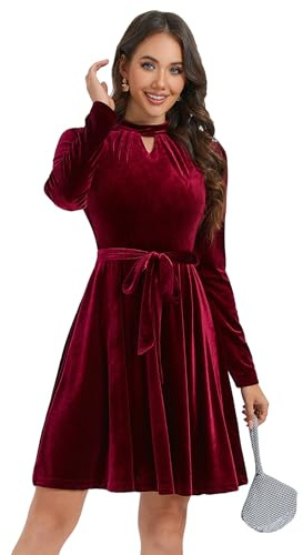 KOJOOIN Vestido de terciopelo para mujer, corto, elegante, de satén, de cóctel, manga larga, rockabilly, línea A, vestido festivo con cinturón (embalaje múltiple), borgoña, M