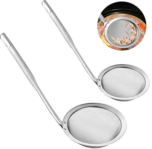 LPEPLL Schiumarola in acciaio inox, 2 pezzi Schiumarola con maglia fine, Colino per rimuovere la schiuma grassa, Utensili da cucina professionali in acciaio inox per wok e frittura