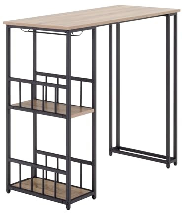 i-flair Bartisch Gavin 110x50x105 cm, Stehtisch 2 cm Dicke hitzebeständige, Kratzfeste & Pflegeleichte Tischplatte, 2 Ablagen, Glashalter, Stahlrahmen, einfacher Aufbau, Industriestil (Eiche)