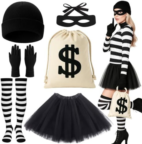 Glirop 6Pcs Women Robber Costume Set, Girls Burglar Outfit with Tutu Skirt Thief Beanie Gloves Eye Mask Canvas Money Bag Striped Socks for Adult Halloween Cosplay World Book Day Fancy Dress Parties