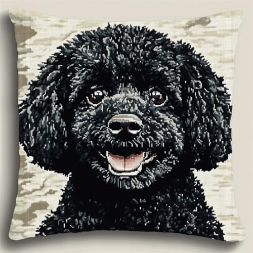 ANSIWEIGO DIY Latch Hook Kit Cushion Black Poodle Dog Animal Pillowcase Cushion Cover Making Set Statement Rug,DIY Latch Hook Kits for A Starter Project 17x17 inches