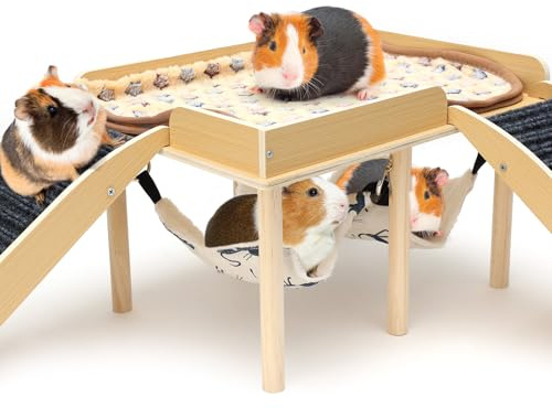 GHWMYD Casa para Cobaya con 2 Rampa y Hamaca, Juguete para Cobayas Accesorios, Hábitats de Animales Pequeños, Madera Casita para Conejo para Jerbos Degus Ratones Espinosos