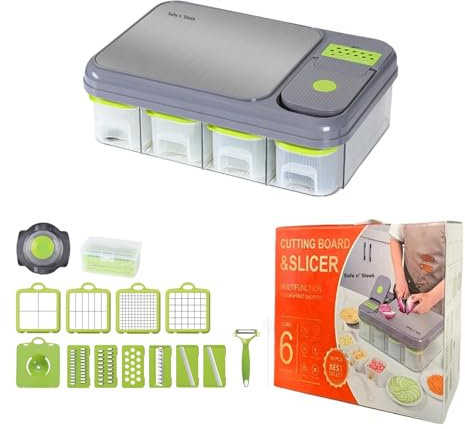 Safe n' Sleek Mandolina affettatrice da cucina, grattugia, affettatrice, pelapatate, tritaverdure 28 in 1, con sistema di cassetti per la conservazione degli alimenti e piano in acciaio inox, ideale