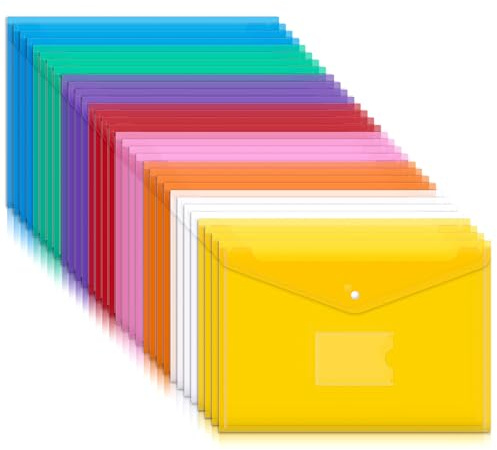 Mutsitaz A4 Plastic Wallets – 32 Pack Document Folders, 8 Bright Colors, Waterproof File Sleeves for Paperwork, School, Office, Home & Travel Organization