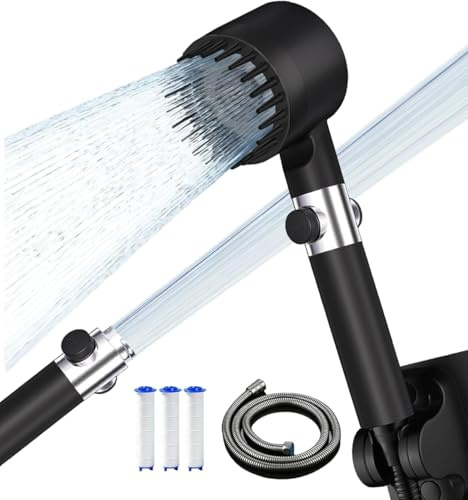 Hard Water Filter Shower Head with 4 Modes, 15 Layers Filtration Water Saving Shower Heads and 1.5m Hose, Handheld Massage Powerful Showerhead with ON/Off Switch for Residual Chlorine Remove, Black