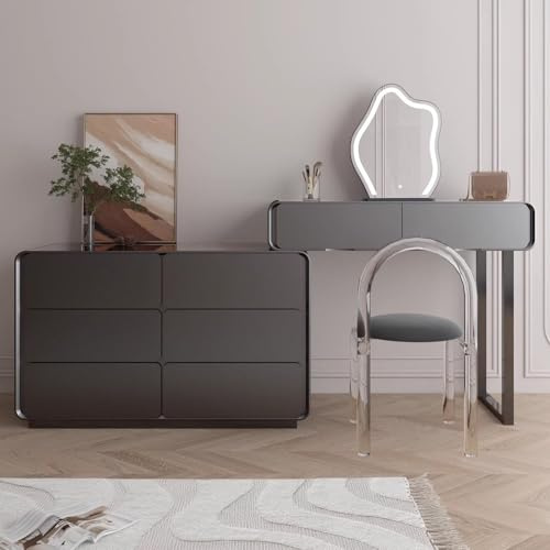 LVYWEX Makeup Table Set, with Mirror & Chair, Vanity Desk with Drawers Telescopic Dresser for Women, Black(Six drawer cabinet)