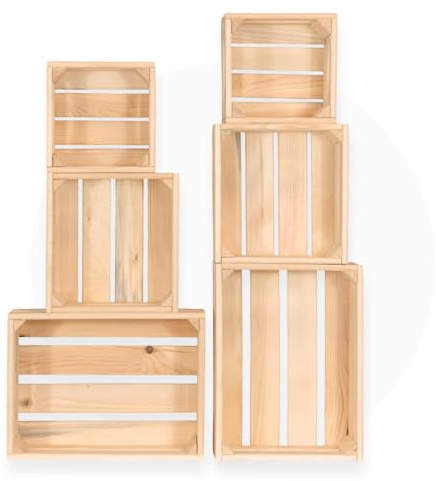 ITA Home & Garden Juego de 6 cajas de madera vintage, 3 tamaños, apilables y entrelazables, cajas decorativas de madera blanda con certificado FSC, color natural