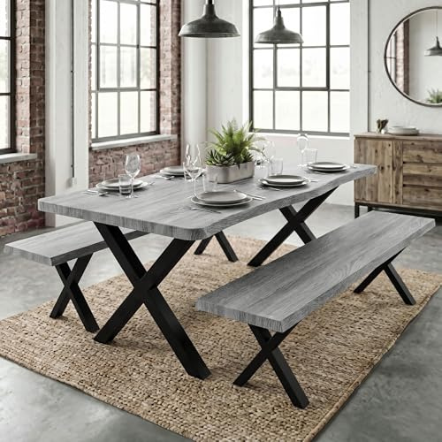 Blisswood 160cm Dining Table with 2 Benches, 3 Piece Industrial Kitchen Table Set for 4–6 Seater, Wooden Dining Room Furniture for Small Spaces, Grey Faux Live Edge Top, Space Saving Bench Dining Set