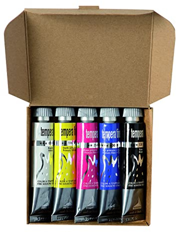 Maimeri Tempera Fine, Témperas Gouche para bellas artes, Caja de cartón, Set primario 5 unidades
