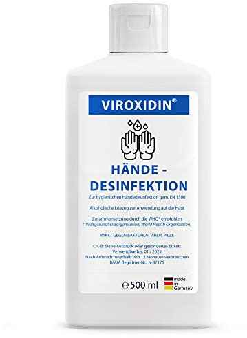 Viroxidin Desinfektionsmittel für Hände - 500ml Eurospender Flasche – Viruzid - Kills 99% bacteria - 83% Alkohol (Ethanol) - Handdesinfektion gegen Bakterien, Viren & Pilze zum Einreiben - 500ml(430g)