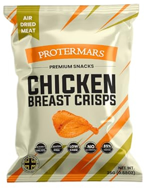 Crispy kycklingsnacks – köttsnacks – 100 % kycklingfilé – högt protein 85 % – lågt socker – (6 påsar x 25 g)