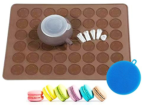 ARTIWARE Food Grade Silicone Brown color Macaron Baking Kit Tray Set w. Piping Pot 4 types of nozzles & 1 Cleaning Scrubbing pad non stick reusable Macaroon Baking Supplies