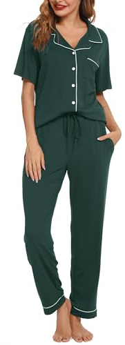 Lovasy Pyjamas for Women Soft Ladies Pyjamas Button Down Pjs for Women Sets Classic Womens Pyjamas Sets Pajamas Loungewear with Pockets,Green,XL